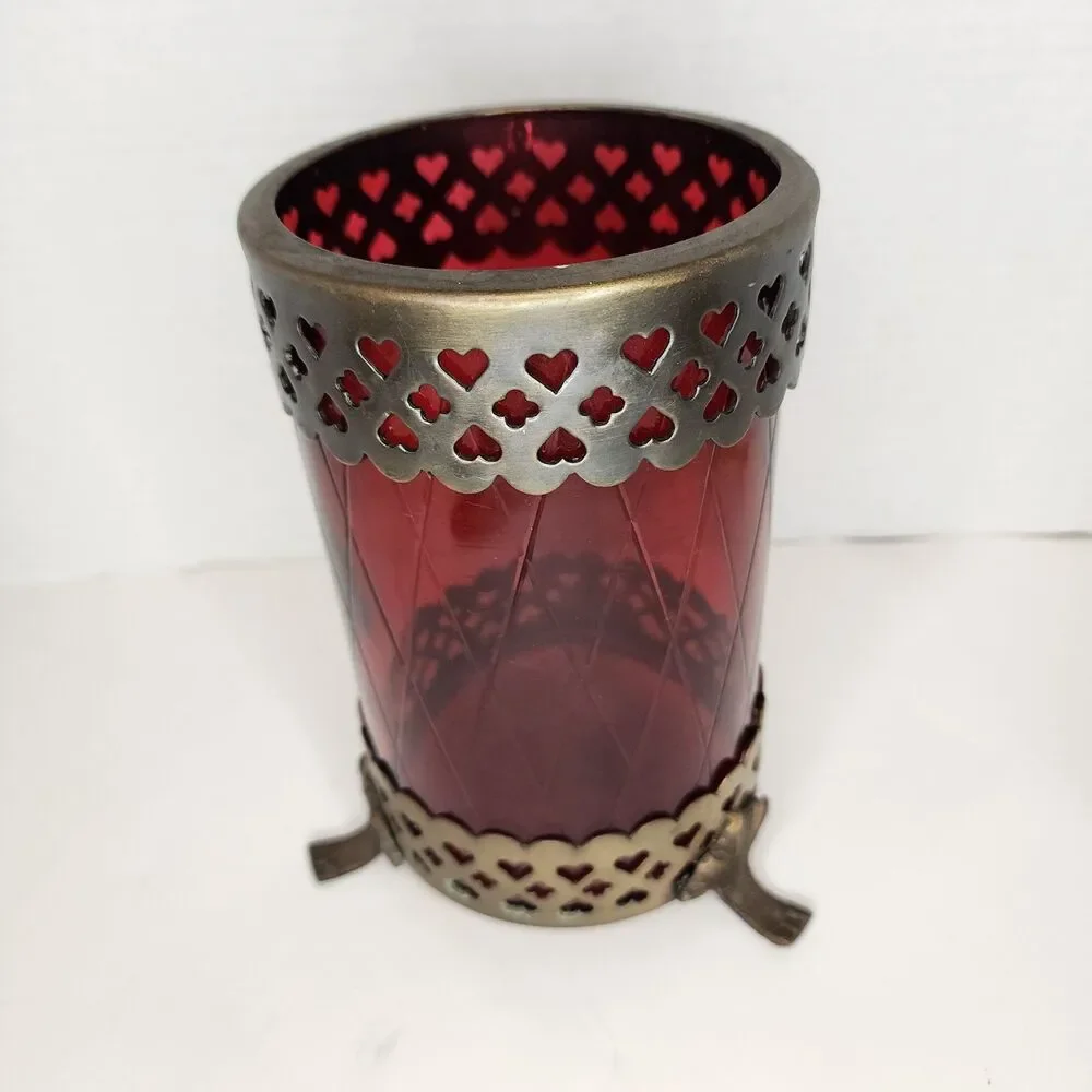 Vintage Bohemian Footed Ruby Red Diamond Cut w/Brass  Trim 7